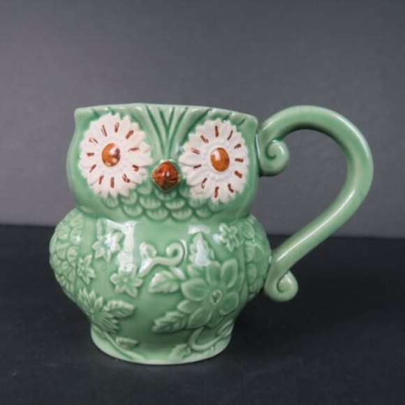 Pier 1 Imports 3D Green Floral Owl Hand Painted Glaze  Coffee Mug Cup 4.5” Tall - Picture 1 of 7
